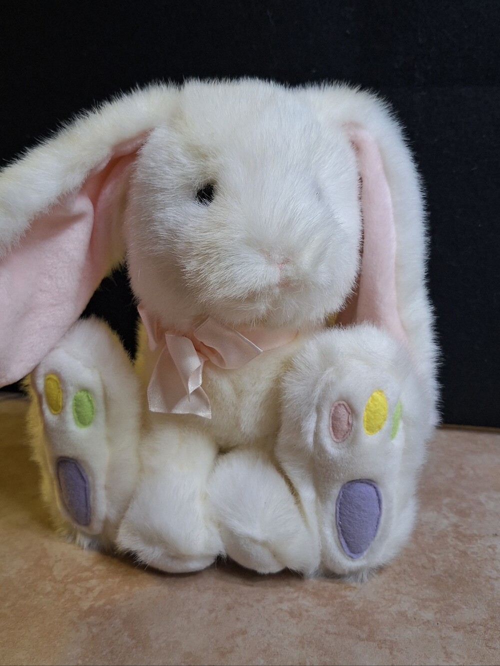 Russ 80s Plush White Bunny 'Jellybean' 4772 Pastel Beans Long Ears Pink Bow 9"